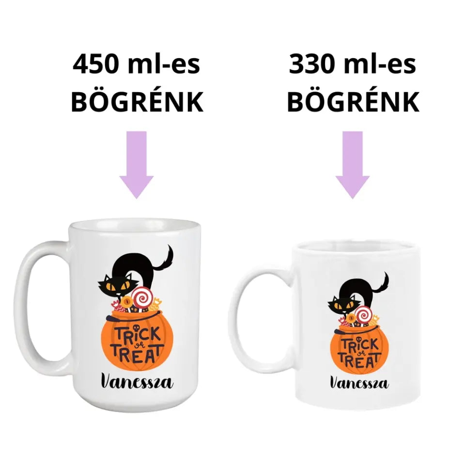 Fekete macskás, Trick or treat feliratú bögre 2 méretben