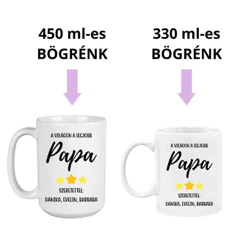 Apák napi bögre papáknak, az unokák nevében, 2 méretben