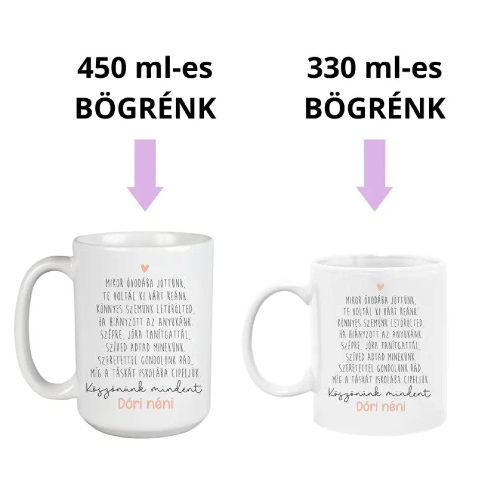 Ballagási ajándék ovónéniknek - gyerekneves kerámia bögre búcsú ajándék