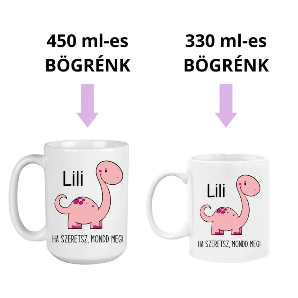 Szerelmes bögre pár dínókkal, saját névvel, 2 méretben