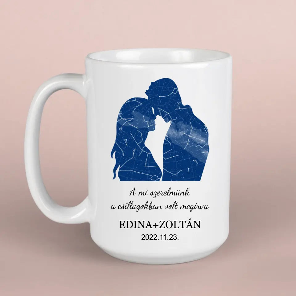 Szerelmes pár bögre, egyedi csillagállással, ajándék pároknak