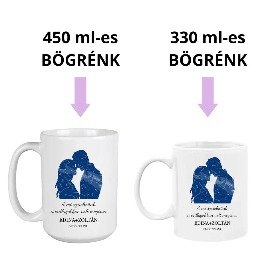 Szerelmes pár bögre, egyedi csillagállással, egyedi ajándék