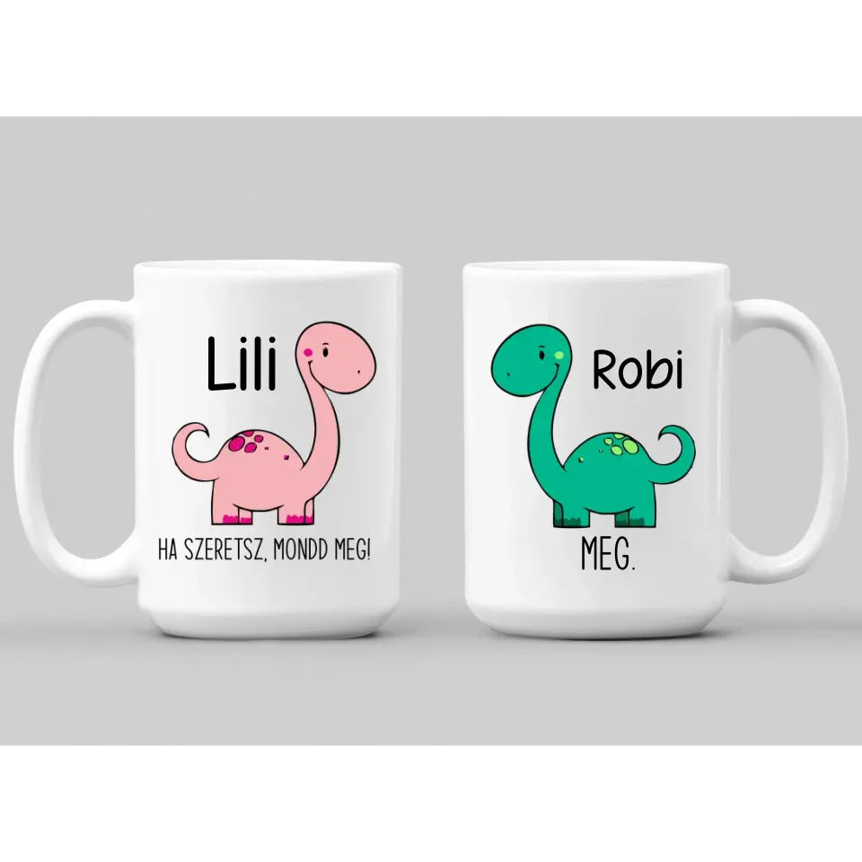 Szerelmes bögre pár dínókkal, saját névvel szerelmes ajándék