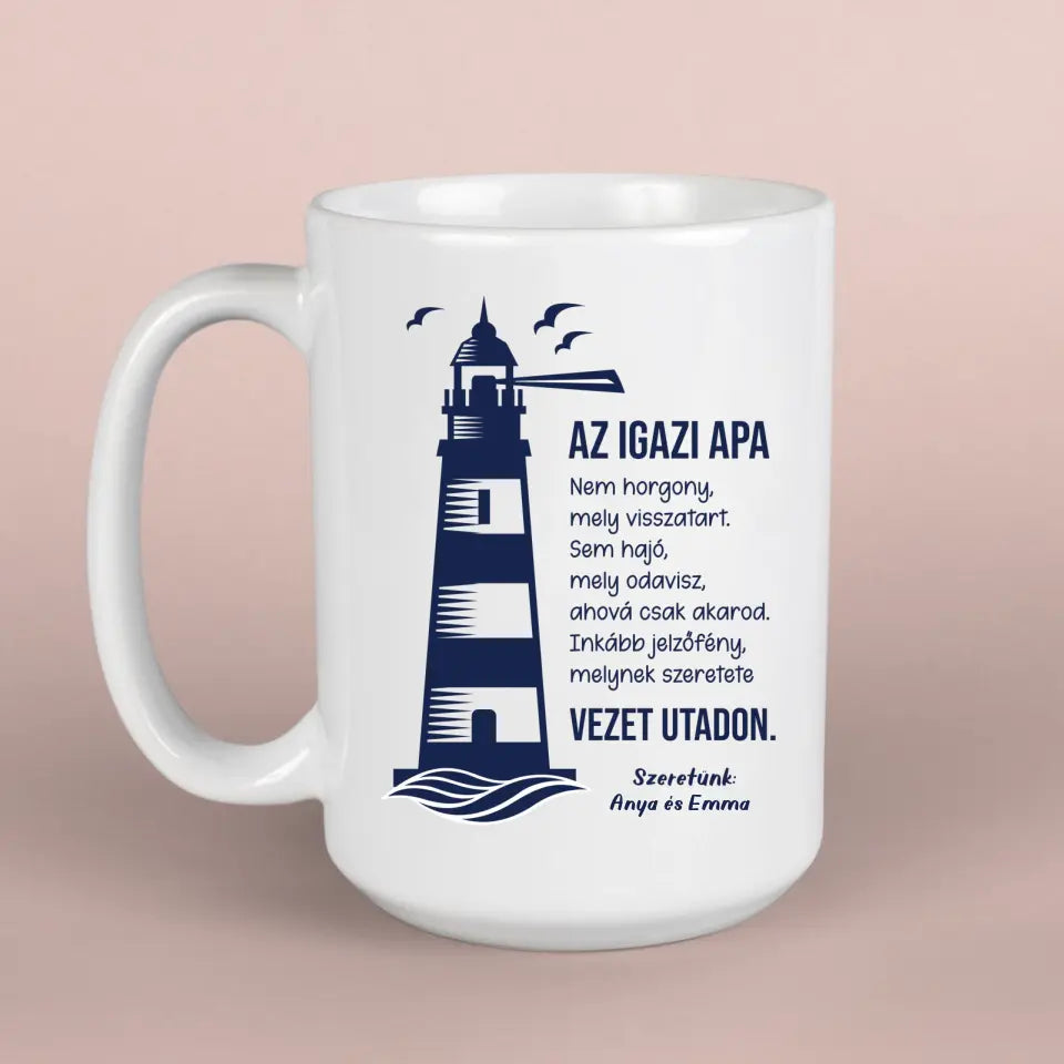 Világítótornyos Apák napja bögre, egyedi ajándék