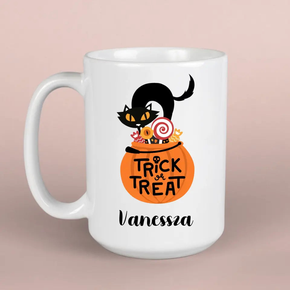 Fekete macskás, Trick or treat feliratú bögre ajándék
