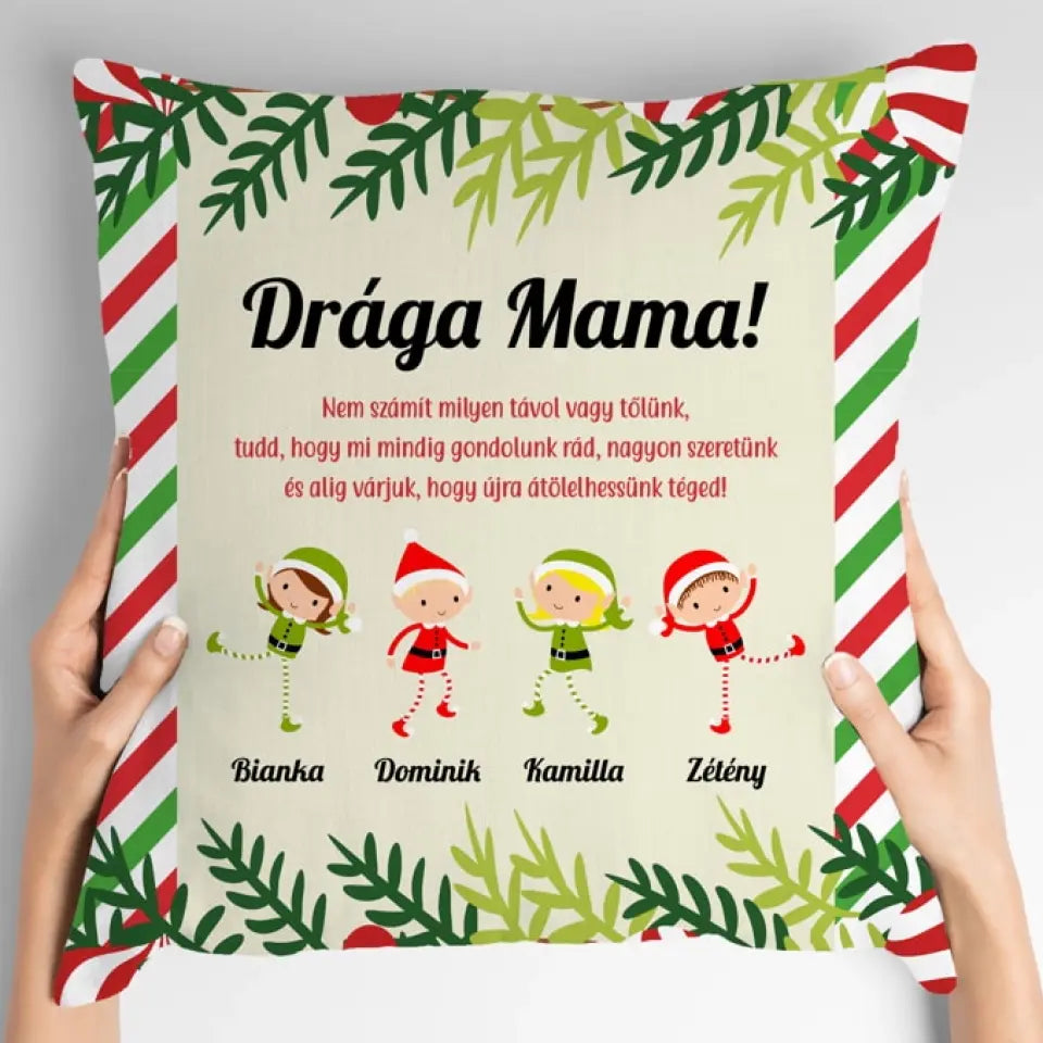 Pernă de Crăciun cu elf și nume de nepoți