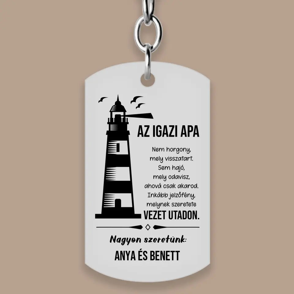Világítótornyos, gravírozott kulcstartó apának, apák napi ajándék