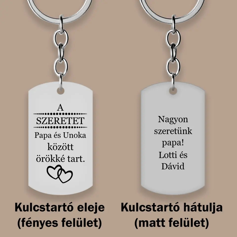 Ajándék nagypapáknak papa-unoka kulcstartó 2 oldalas gravírozással