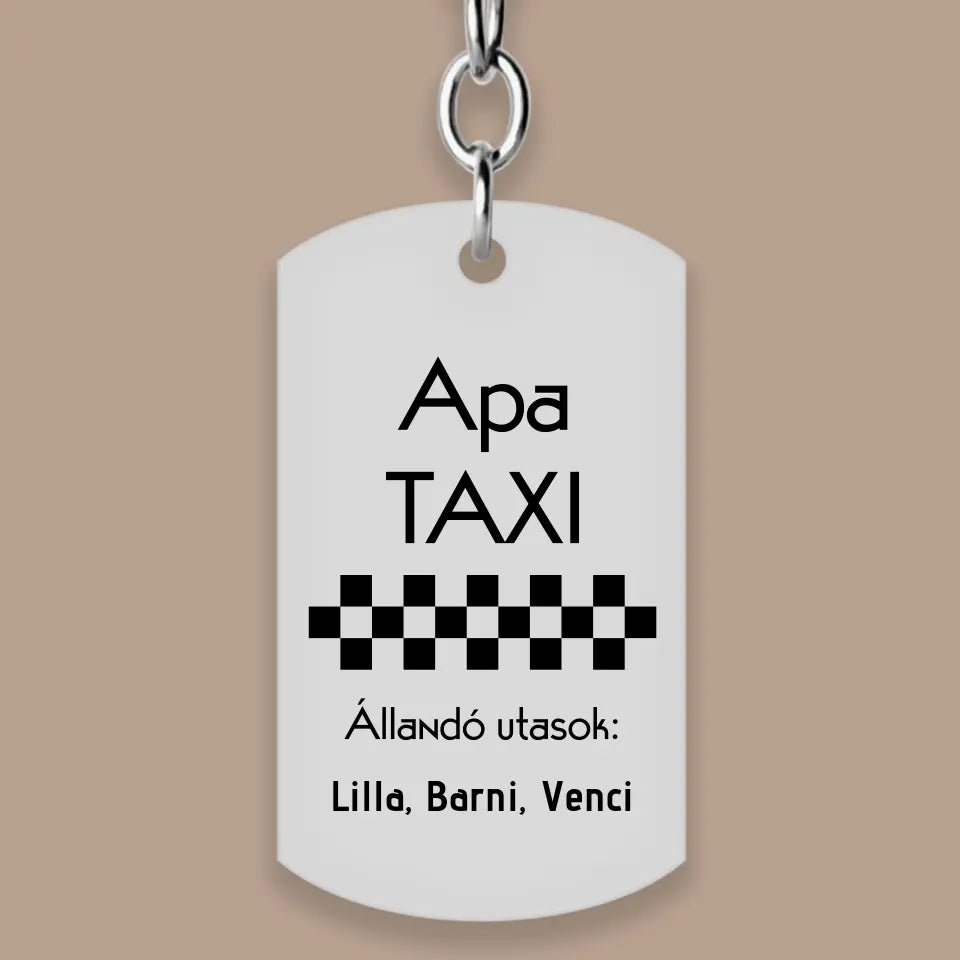 Apa taxi – vicces, gravírozott kulcstartó, egyedi ajándék