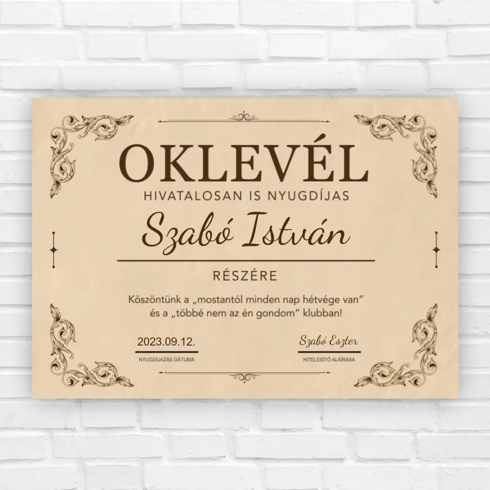 Nyugdíjba vonulási ajándék - oklevél keretben, ajándék nyugdíjasnak