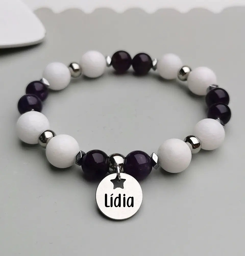 Ibolya és hóvirág csináld magad ékszer - ametiszt és tejkvarc karkötő