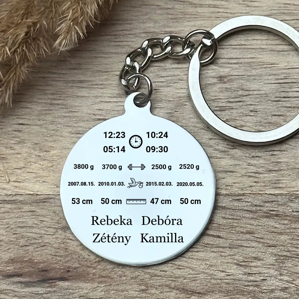 egyedi babaemlékőrző kulcstartó. A baba emlékőrző medál magán viseli a gyerekek neveit és születési adataikat. A gravírozott kulcstartóra választhatsz cuki, babás díszítő fityegőket is.