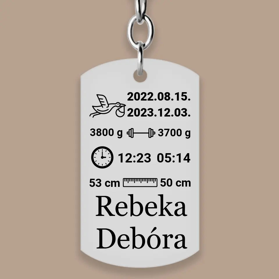 baba emlékőrző kulcstartó - 2 gyermekes. Nemesacél medállal, a gyerekek születési adataival. Választhatsz rá díszítő charmokat is.