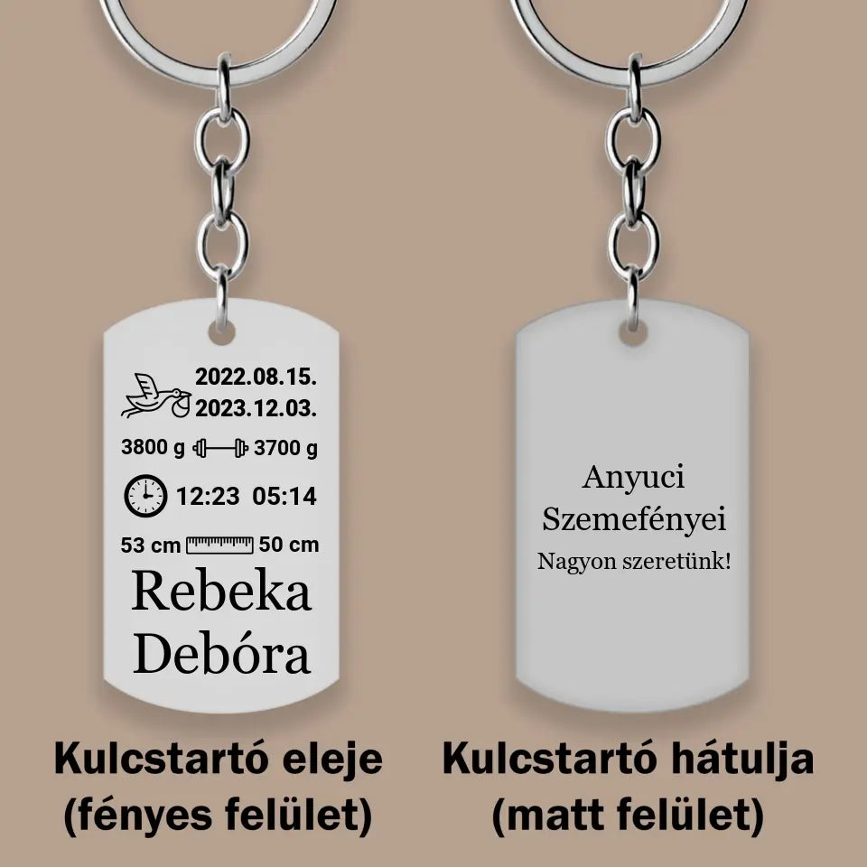 baba emlékőrző kulcstartó - 2 gyermekes. Nemesacél medállal, a gyerekek születési adataival.