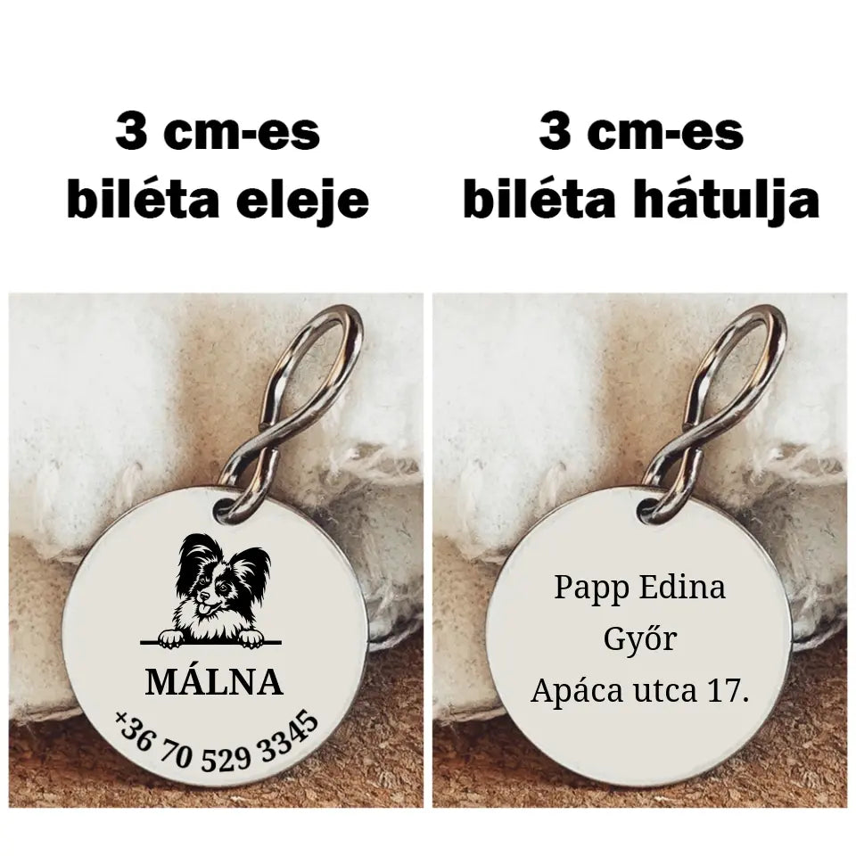 Papillon kutyabiléta a gazdi adataival