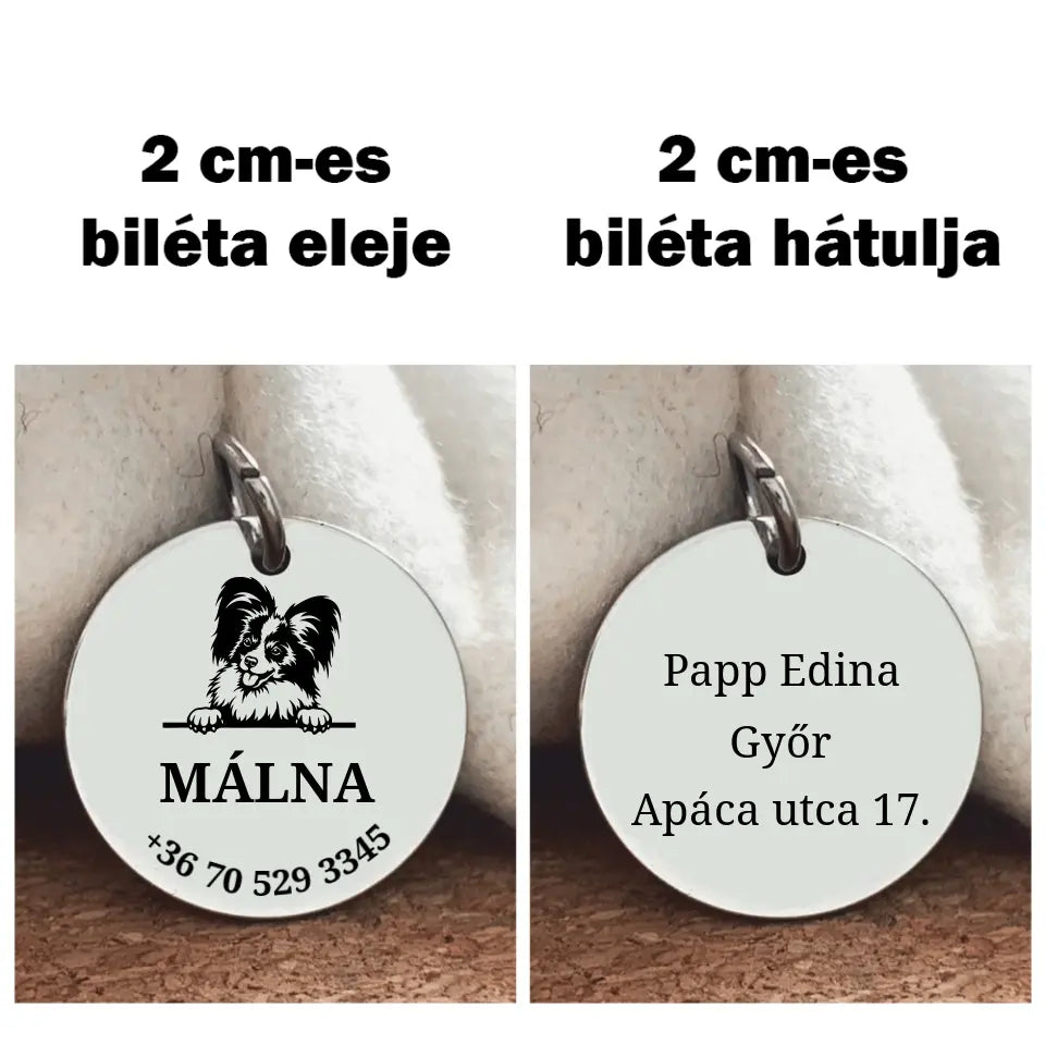  Papillon kutyabiléta gravírozással