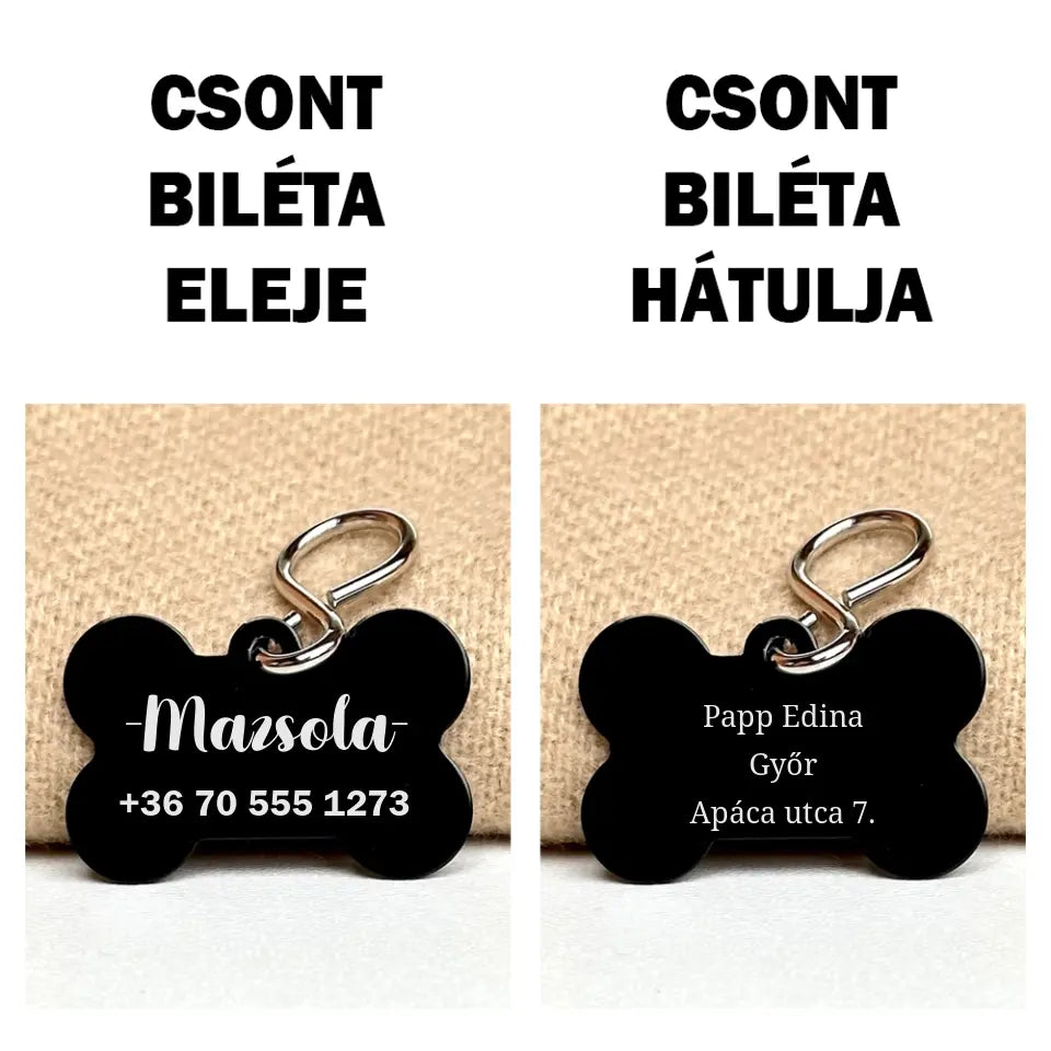 Csont alakú kutyabiléta választható színben a gazdi adataival