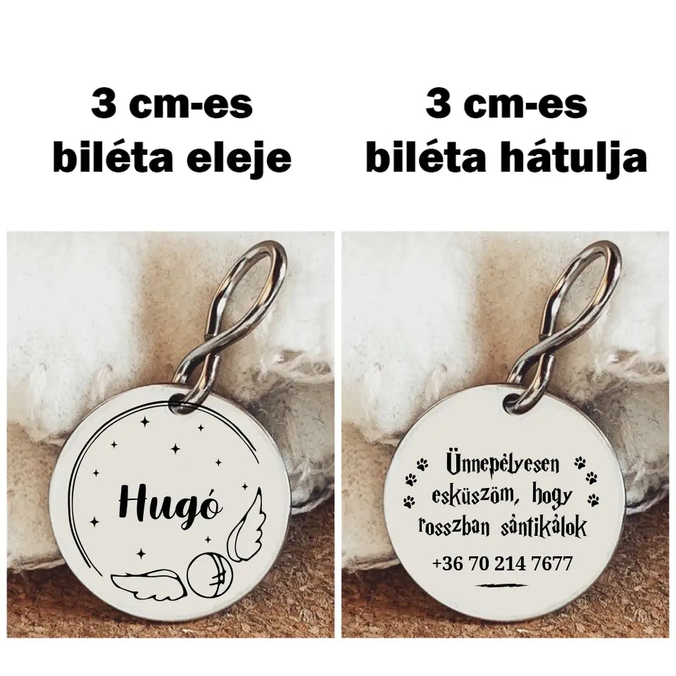 2 oldalas kutyabiléta arany cikesz grafikával névvel és telefonszámmal