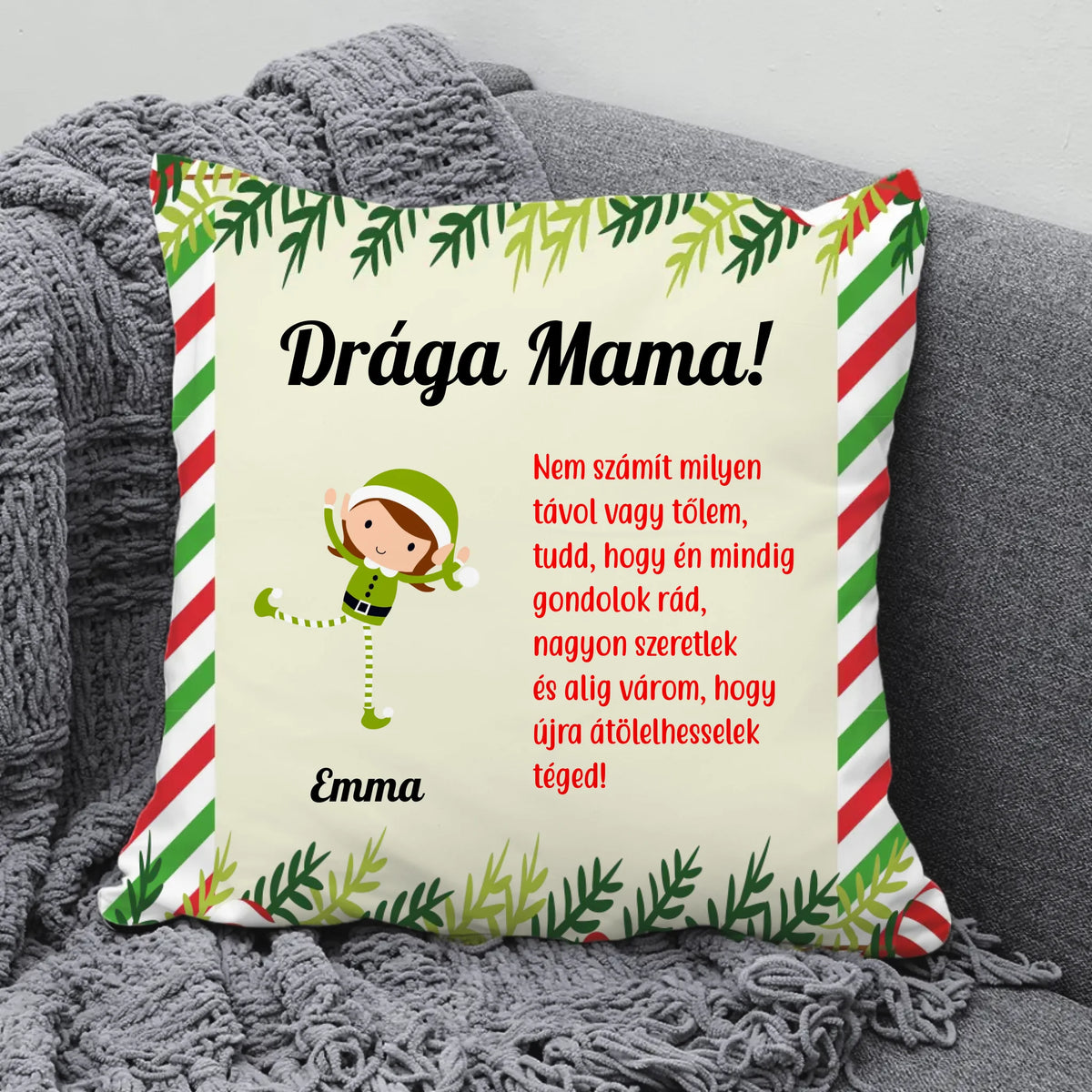 Pernă de Crăciun cu elf și nume de nepoți