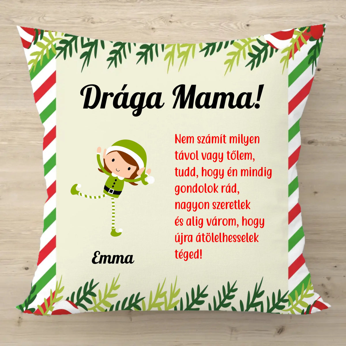 Pernă de Crăciun cu elf și nume de nepoți