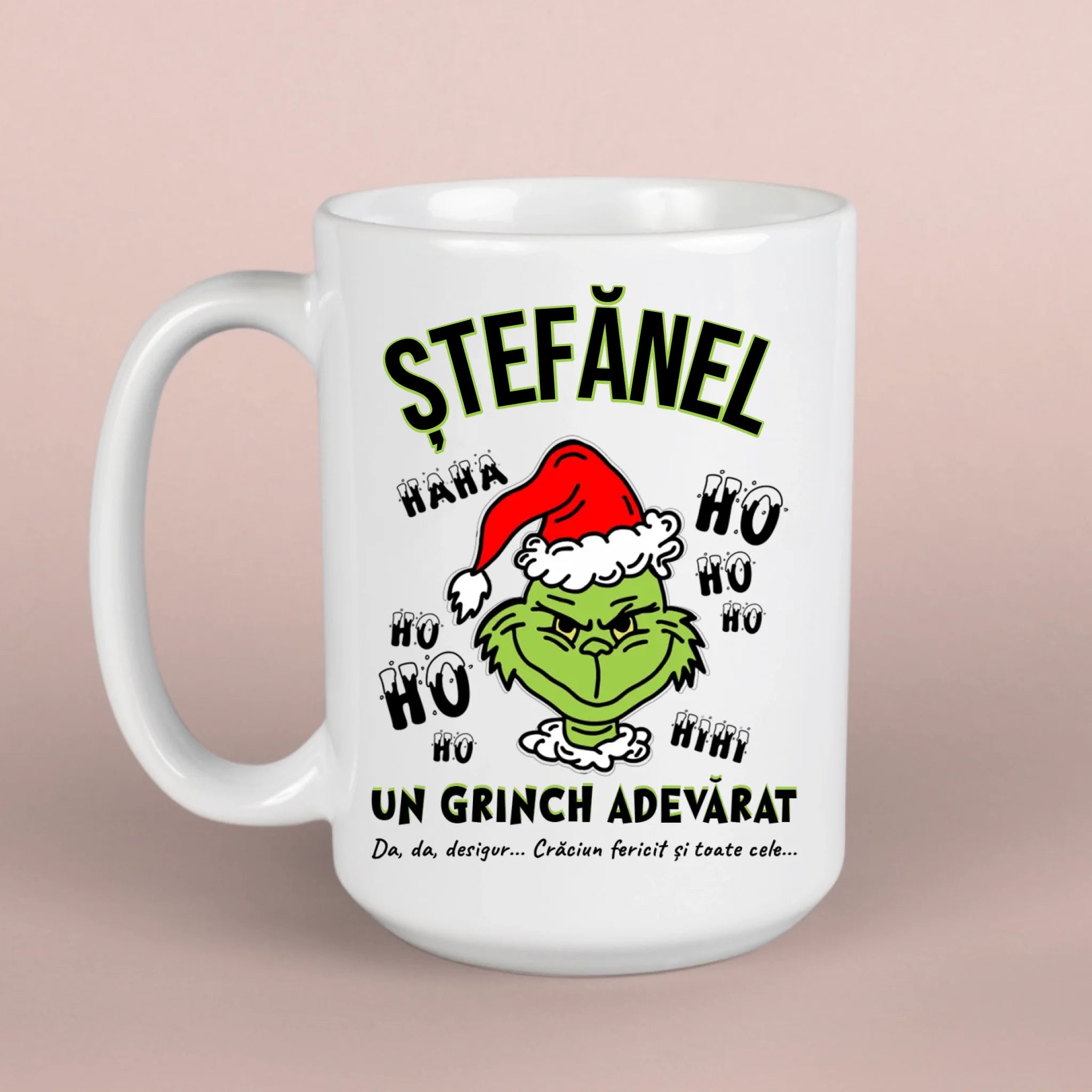 Cană Grinch cu numele tău – cadou amuzant de Crăciun