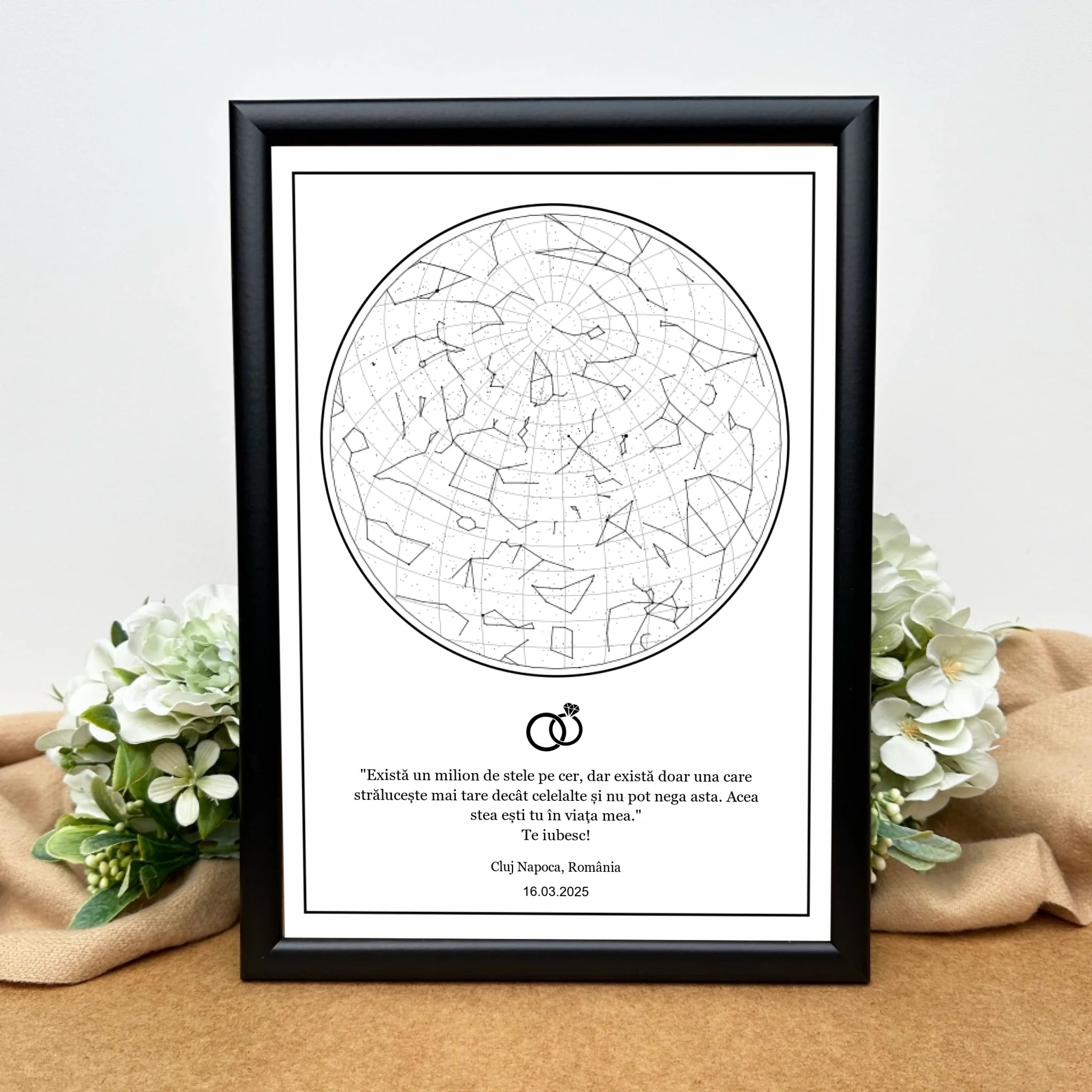 Tablou personalizat cu harta stelelor pentru nuntă