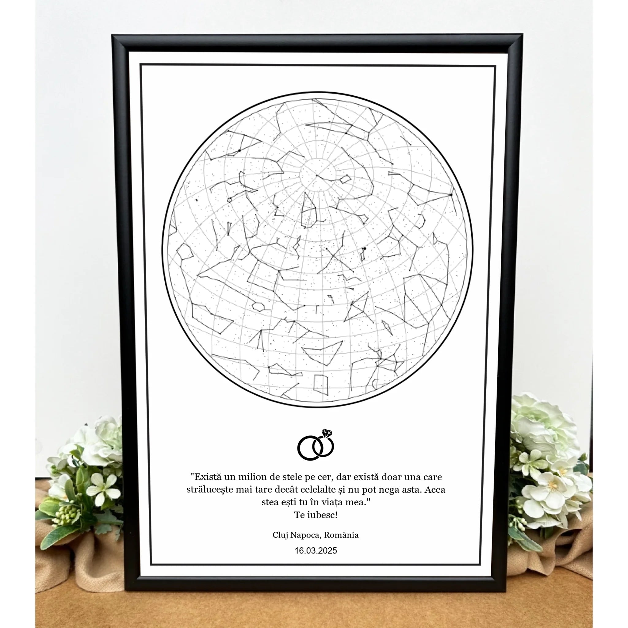 Tablou personalizat cu harta stelelor pentru nuntă