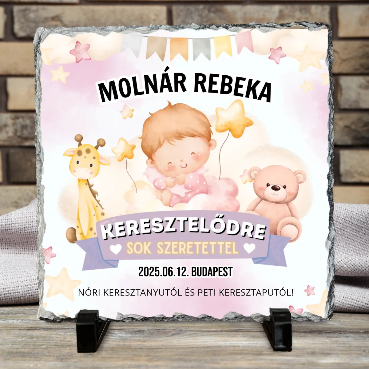 Cuki, kislányos kőtábla keresztelőre