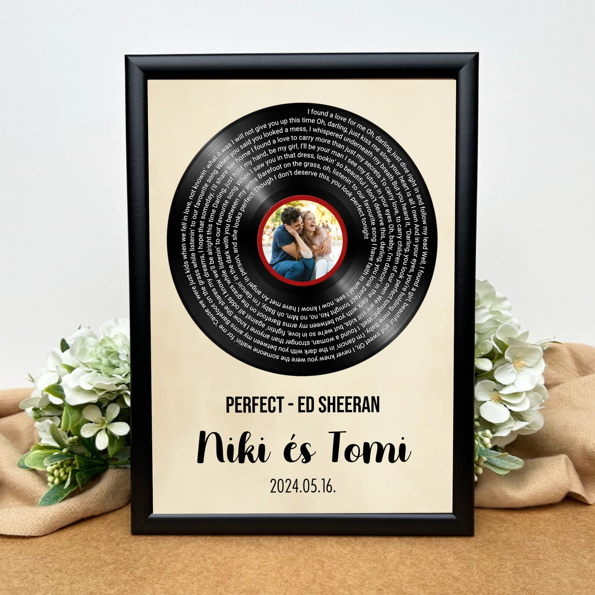 Egyedi fényképes bakelit lemez zeneszöveggel